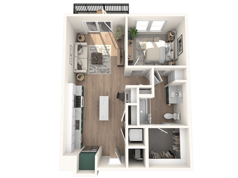 A 3D floor plan of a small apartment with a kitchen, living room, and bathroom.